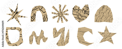 Grunge hand drawn abstract shapes sticker set. Textured doodle geometric elements with cut out edges. Cutout paper scrapbook decoration in crayon modern style. Isolated vector illustration for design.