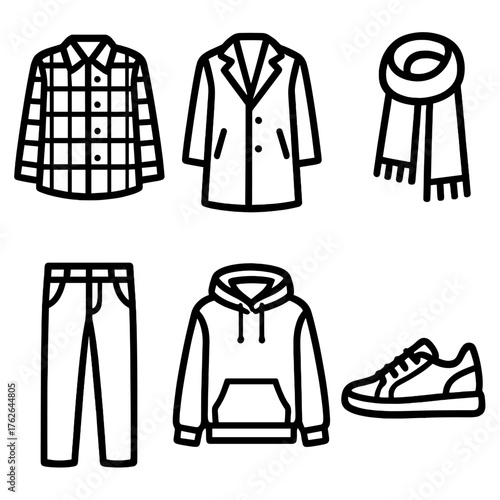 Fashion Layers outline icon set: flannel, overcoat, scarf, pants, hoodie, sneakers.