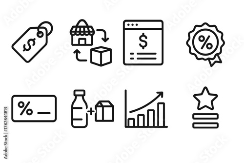 E-Commerce Revenue Models outline icon set: product sales tag, dropshipping flow diagram, membership pricing plan, referral bonus badge, promotional discount card, cross-sell