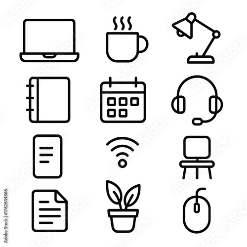 Work-from-Home Tools outline icon set: laptop, coffee cup, desk lamp, notebook, calendar, headset, smartphone, Wi-Fi signal, chair, document file, plant pot, mouse.