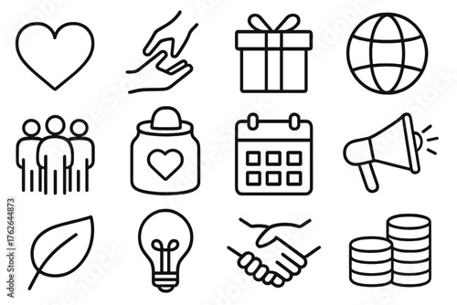 Acts of Kindness outline icon set: heart icon, helping hand, gift box, globe, people group, donation jar, calendar, megaphone, leaf, light bulb, handshake, coin stack.
