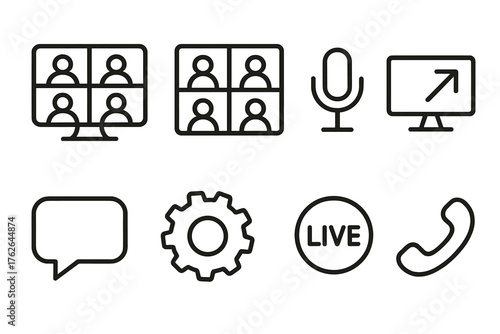 Video Conferencing outline icon set: group video call, user tiles, microphone button, share screen icon, message bubble, settings gear, live recording, hang up icon.