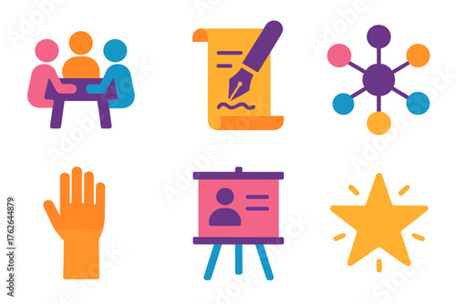 Participation flat icons: community table, signature pen, agreement scroll, network nodes, rising hand, meeting board, circle knot, glowing star.