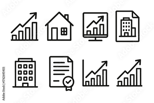 Realty Growth outline icon set: investment chart, residential home, economic arrow, digital dashboard, real estate file, building silhouette, contract icon, progress graph.