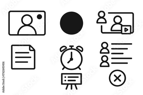 Digital Work Meetings outline icon set: webcam view, recording dot, meeting notes, screen share, participant list, time tracker, agenda board, exit button.