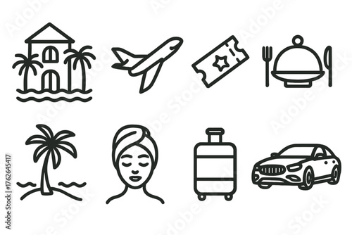 Luxury Travel outline icon set: ocean resort, private jet, golden ticket, fine dining plate, luxury car, palm beach, spa icon, premium luggage.