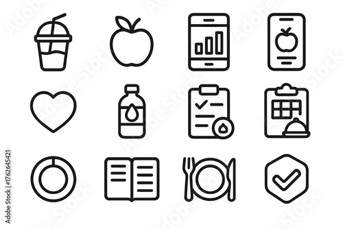 Nutrition Fitness Apps outline icon set: smoothie cup, apple, calorie chart, food log, heart icon, water tracker, shopping list, meal plan, progress ring, notebook, plate icon,