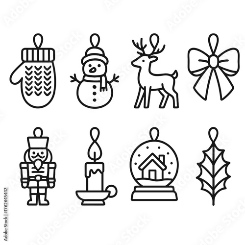 Tree Ornaments outline icon set: knitted mitten, snowman charm, reindeer figure, gold ribbon bow, nutcracker ornament, candle light, snow globe, glittered leaf.