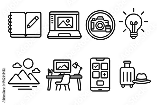Creative Nomad Life outline icon set: sketchbook and laptop, design workspace icon, camera gear badge, idea lightbulb, inspirational scenery shot, creative studio setup, content