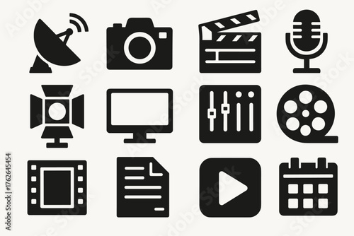 Broadcast Originals silhouette set: satellite dish, camera icon, clapperboard, mic, studio light, monitor, soundboard, film reel, editing frame, document script, play icon,