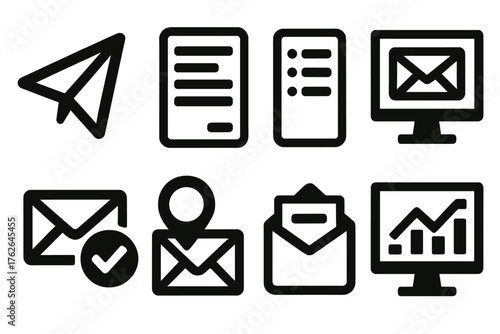 Email Outreach silhouette set: paper plane, message template, list icon, preview screen, delivery checkmark, tracking icon, inbox folder, analytics dashboard.