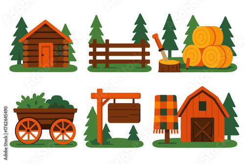 Rustic Tree Farm Scenes flat icons: log cabin office, wooden fence lines, hand-sawed tree stumps, bundled hay bales, old wagon with greens, rustic signboard, plaid blanket display,