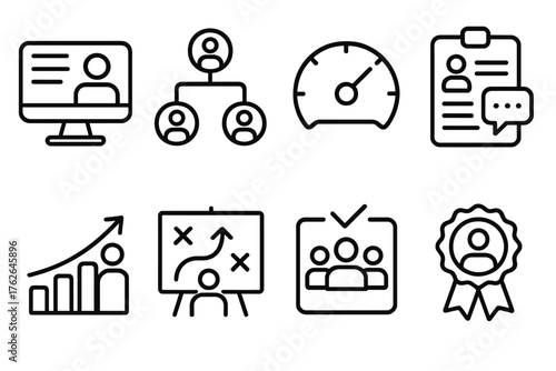 Corporate Team Management outline icon set: HR dashboard, role hierarchy chart, KPI performance meter, feedback form icon, employee growth graph, goal-setting board, leadership