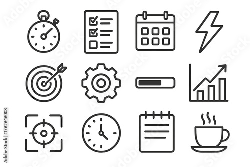Productivity Boosters outline icon set: stopwatch, checklist, calendar, lightning bolt, target icon, gear, progress bar, chart arrow, focus icon, clock, notepad, cup of coffee.