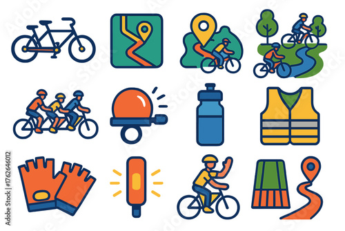 Community Cycling flat icons: tandem bike, bike path map, park trail, group ride, bell icon, water bottle, gloves, reflective light, safety vest, stop line, friendly wave, route