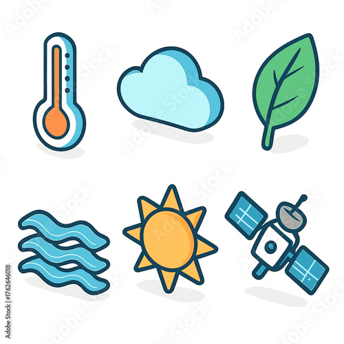 Environmental detection set icons in modern isometric flat vector style: thermometer, cloud, leaf, satellite, wave, sun.