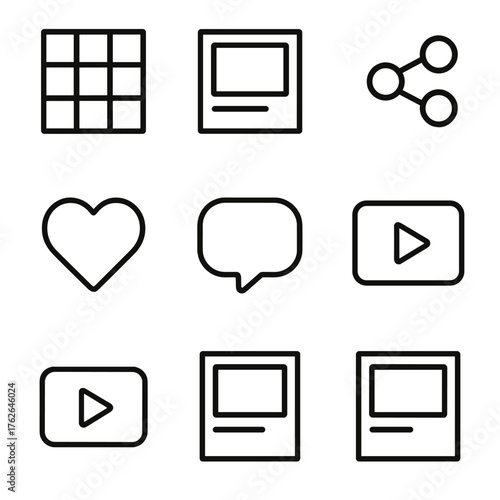 Media Feed Design outline icon set: grid view, media post, caption field, heart reaction, comment icon, share feature, video thumbnail, feed layout.