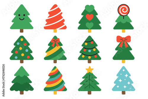 Whimsical Christmas Trees flat icons: smiling tree, candy tree, heart ornament tree, lollipop tree, polka-dot tree, striped ribbon tree, playful lights tree, bow-tie topper tree,