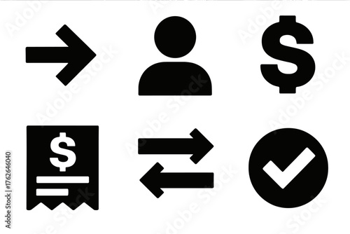 Money Transfer silhouette set: send arrow, user profile, currency symbol, transaction receipt, transfer lines, confirmation check.