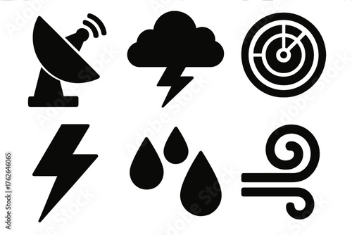 Weather Radar silhouette set: satellite dish, storm cloud, radar screen, lightning bolt, rain drops, wind swirl.