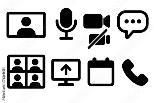 Online Meetings silhouette set: video call screen, microphone icon, camera on/off, chat bubble, participants grid, share screen, calendar invite, end call button.