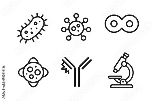 Biological mutation outline icon set: bacteria, virus, cell division, spore, antibody, microscope.