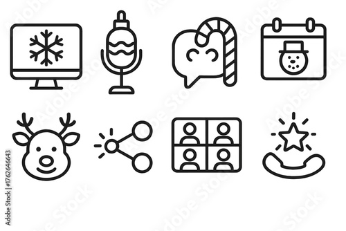 Festive Online Meetings outline icon set: snowflake webcam, ornament microphone, candy cane chat bubble, frosty calendar invite, reindeer reaction emoji, glowing share icon,