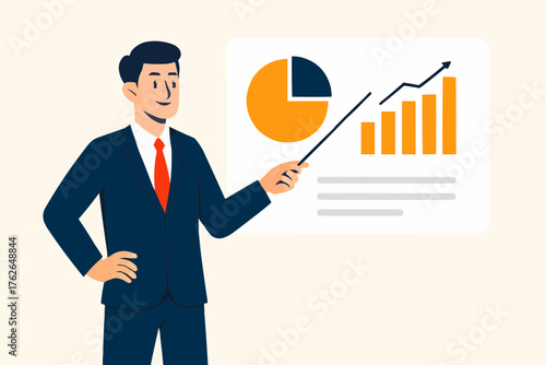 Flat vector illustration of a confident male business character in formal suit giving a presentation with charts