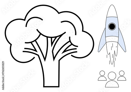 Black tree outline, blue rocket launching, and three user icons together convey growth, innovation, community, and success. Ideal for sustainability, startup, teamwork creativity technology