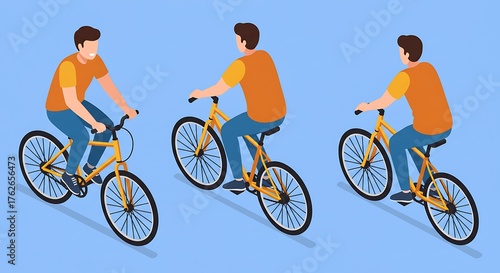 Man Riding Bicycle From Different Angles Isometric View.