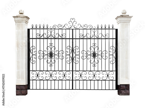 An openwork gate with stone columns.  C.