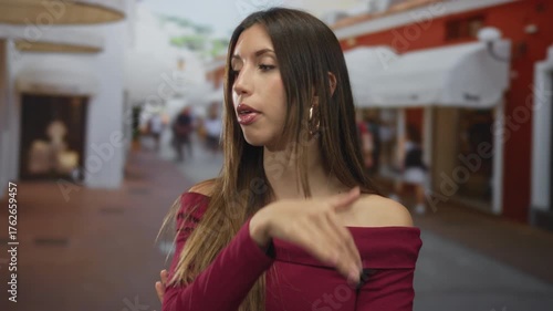 Young woman shows bare shoulder in a burgundy off shoulder top while gesturing with hand in front of shops on a busy city street; confidence.