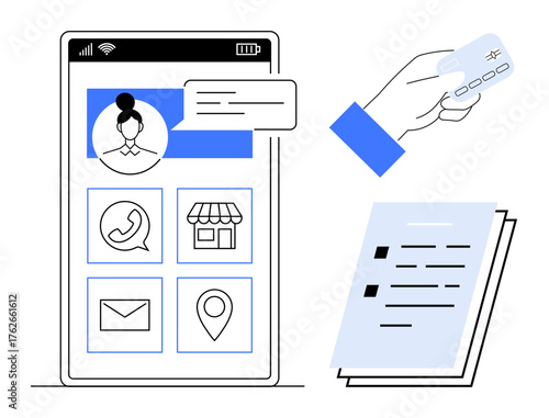 Smartphone screen with user profile, contact icons, store locator, and message bubble. Includes a payment card and a checklist. Ideal for communication, shopping, finance, networking navigation