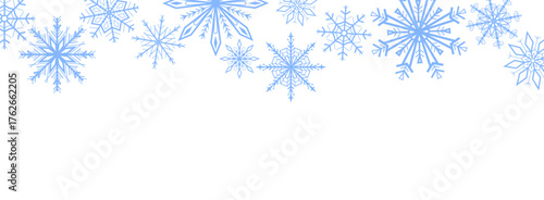 Vector illustration of blue snowflakes forming a decorative border at the top on a white background. Winter frame design for Christmas greeting cards, invitations, or holiday decoration
