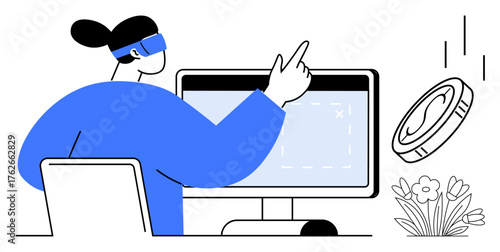 Person in VR headset interacts with computer screen. Floating coin and flowers suggest innovation, technology, finance, creativity, interaction, nature, duality. Ideal for tech adaptation virtual