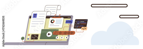 Laptop displaying code editor, chart, document, video playback, and HTML tools alongside floating cloud. Ideal for coding, teamwork, data visualization, content creation education web technology