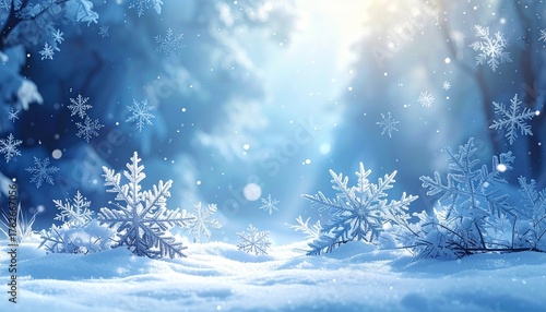Christmas background with snoflakes bokeh and frosty texture, winter calm mood