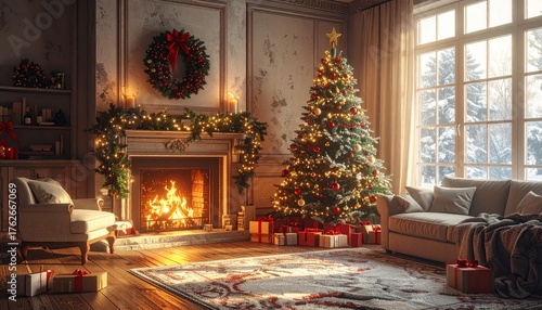 Wallpaper Mural Christmas living room interior with fireplace and decorated christmas tree Torontodigital.ca
