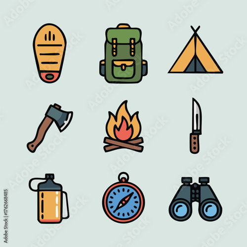 Camping and outdoor adventure equipment collection with axe, tent, campfire, backpack, and compass