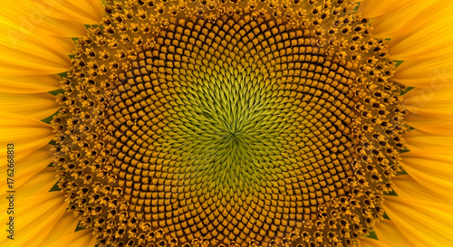 Close-up of a vibrant sunflower head showcasing its intricate spiral patterns and golden petals.
