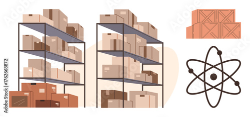 Cardboard boxes on metal shelves, wooden crates, atomic structure. Ideal for logistics, organization, supply chain, inventory, physics science management. A simple flat metaphor