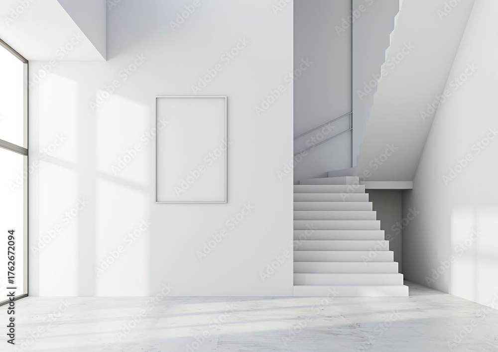 Fototapeta premium Modern white staircase and empty frame on wall in bright interior