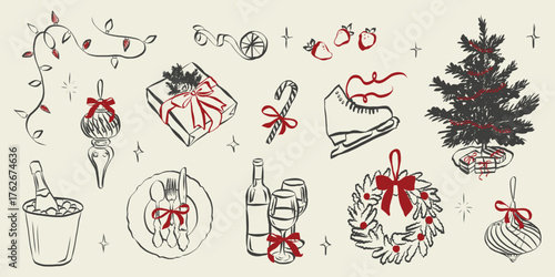 Retro doodles of Christmas party. Vintage new year icons dinner meals in chalk and crayon drawing. Xmas party elements for poster and greeting cards. Hand drawn holiday vector illustration