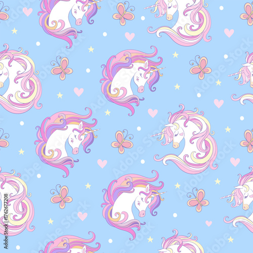 Unicorn heads in soft color seamless pattern vector illustration