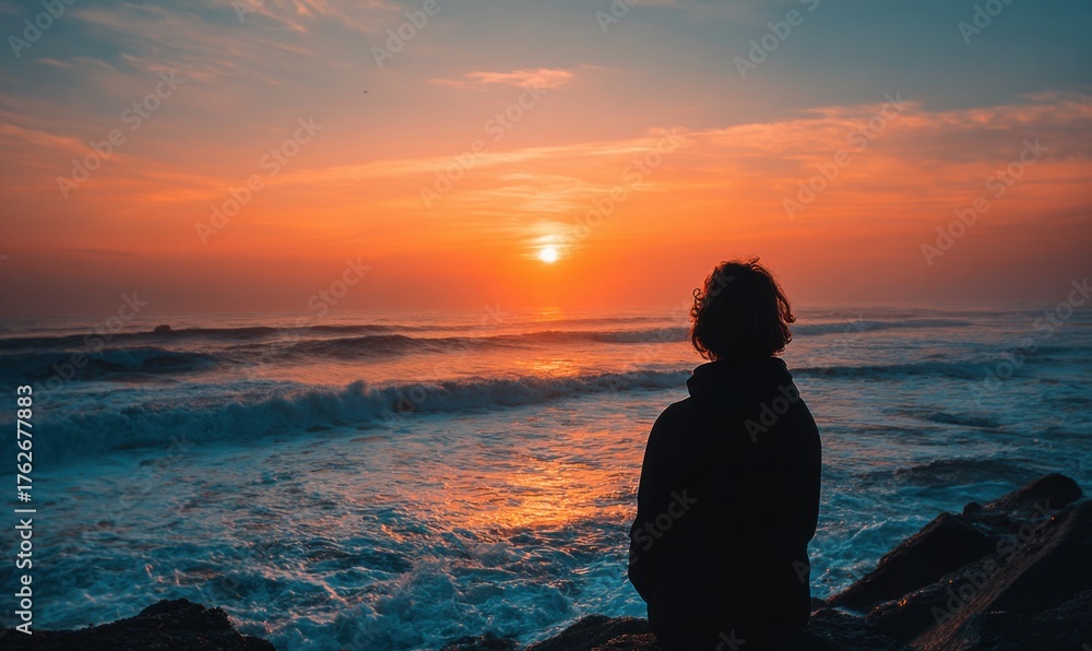 Fototapeta premium Person Silhouetted Watching Sunset Over Ocean Waves.