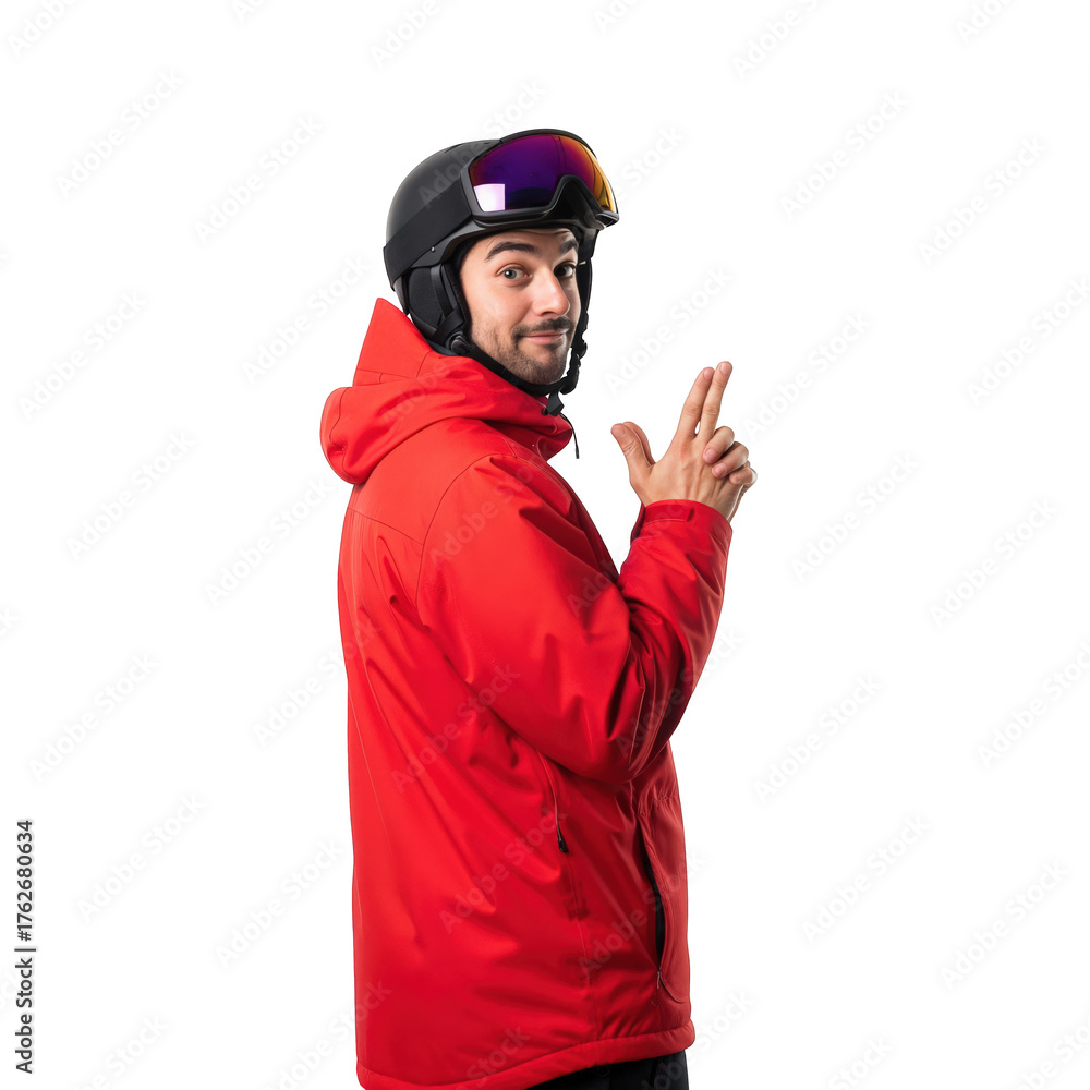 Fototapeta premium Playful young adult man in winter sports gear, including a red jacket and ski helmet with goggles, making a finger gun gesture against a transparent background.