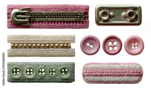 Assorted Sewing Accessories with Zipper, Buttons, and Trimmings on Transparent Background