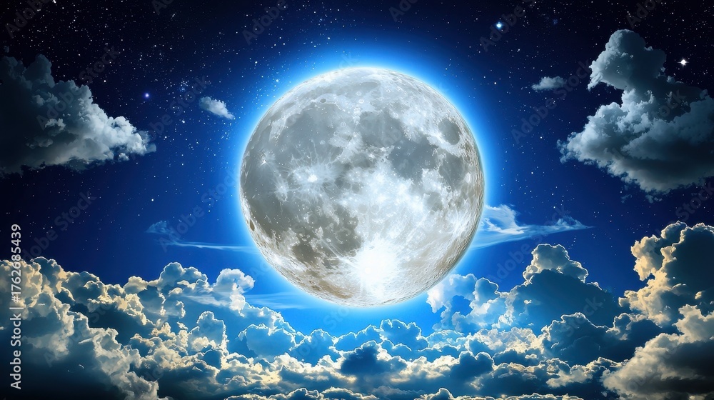 Obraz premium Majestic Full Moon Illuminates a Cloudy Night Sky with Stars