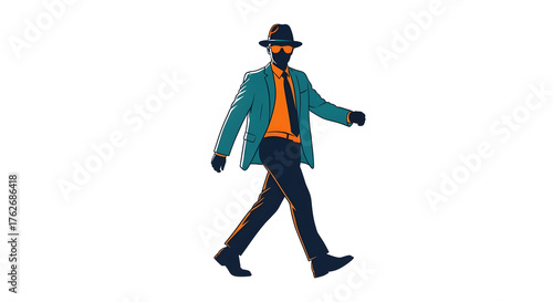 A confident gentleman in a stylish suit, fedora, and sunglasses striding forward. Minimalist vector character illustration isolated on a white background