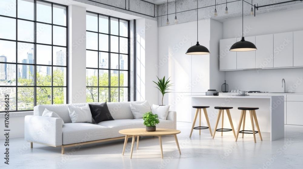 Fototapeta premium Modern Minimalist Interior with Bright Windows and Stylish Furniture